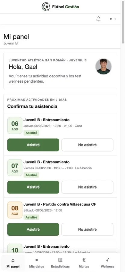 Panel móvil real del jugador