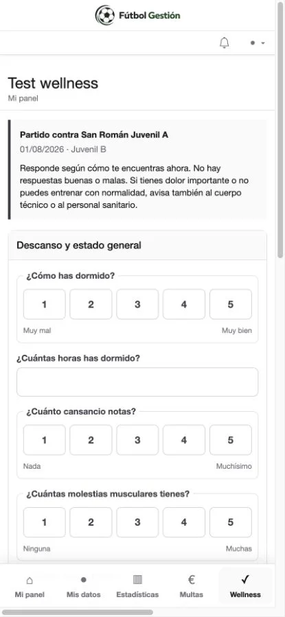 Cuestionario wellness del jugador en móvil